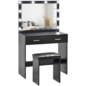 Coiffeuse moderne à 2 tiroirs avec éclairage par HOMCOM 31,5 po l. bois d'ingénierie noir avec miroir et tabouret
