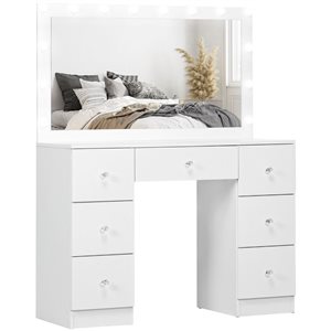 HOMCOM 40.9-in W White Engineered Wood 7-Drawer Lighted Dressing Table w/ Mirror