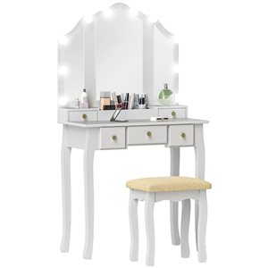 HOMCOM 29.8-in W White Engineering Wood 5-Drawer Dressing Table w/ 3-Panel LED Lighted Mirror and Stool