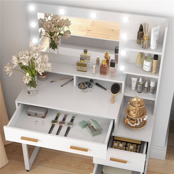 HOMCOM 39.4 W x 15.7 D x 54.3-in H White Engineering Wood 4-Drawer Dressing Table w/ Mirror and Storage