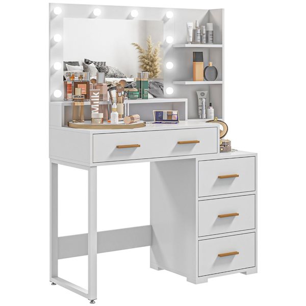 HOMCOM 39.4 W x 15.7 D x 54.3-in H White Engineering Wood 4-Drawer Dressing Table w/ Mirror and Storage