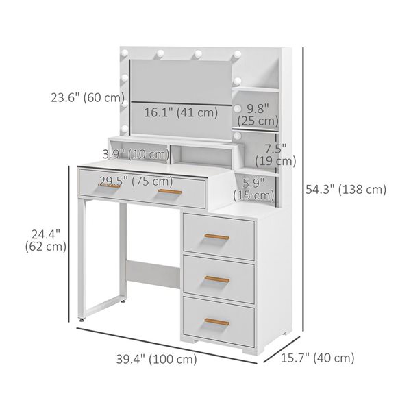 HOMCOM 39.4 W x 15.7 D x 54.3-in H White Engineering Wood 4-Drawer Dressing Table w/ Mirror and Storage