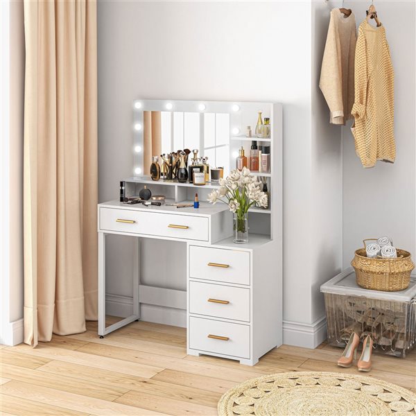 HOMCOM 39.4 W x 15.7 D x 54.3-in H White Engineering Wood 4-Drawer Dressing Table w/ Mirror and Storage