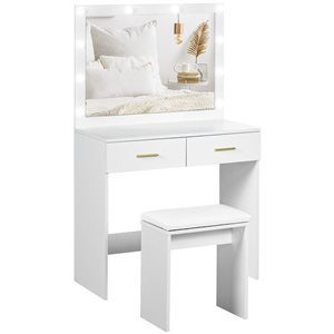 HOMCOM 31.5-in W White Engineered Wood Modern 2-Drawer Lighted Dressing Table w/ Mirror and Stool