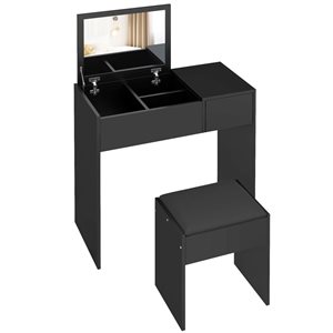 Coiffeuse moderne par HOMCOM 31,5 po l. en bois d'ingénierie noir avec miroir et tabouret