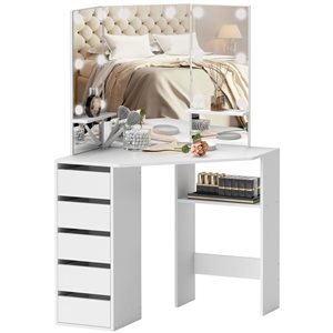 Coiffeuse avec éclairage par HOMCOM 43,3 po l. en bois d'ingénierie blanc avec 3 miroirs et rangement