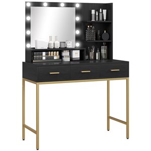 HOMCOM 38.6-in W Black Engineered Wood/Gold Metal 3-Drawer Lighted Dressing Table w/ Mirror