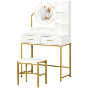 HOMCOM 31.5-in W White Engineered Wood/Gold Metal 2-Drawer Dressing Table w/ Mirror and Stool