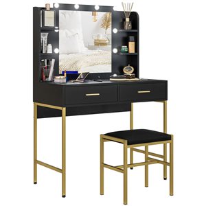 HOMCOM 35.4-in W Black Engineered Wood/Gold Metal 2-Drawer Lighted Dressing Table w/ Mirror