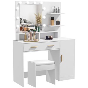 Coiffeuse à 1 porte 1 tiroir avec éclairage par HomCm 40,9 po l. bois d'ingénierie blanc avec miroir et tabouret