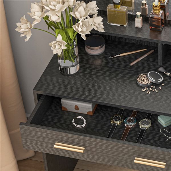 HOMCOM 40.9-in W Black Engineered Wood 2-Drawer 1-Door Lighted Dressing Table w/ Mirror and Stool