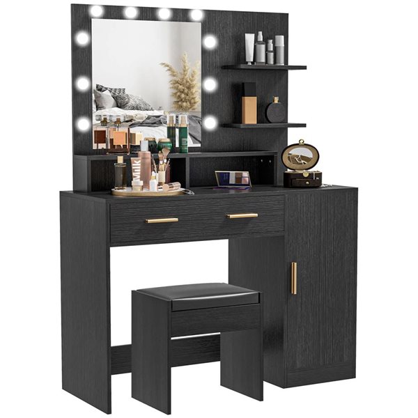 HOMCOM 40.9-in W Black Engineered Wood 2-Drawer 1-Door Lighted Dressing Table w/ Mirror and Stool