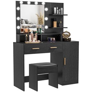 HOMCOM 40.9-in W Black Engineered Wood 2-Drawer 1-Door Lighted Dressing Table w/ Mirror and Stool