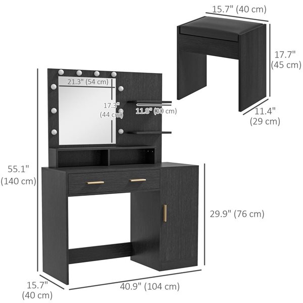 HOMCOM 40.9-in W Black Engineered Wood 2-Drawer 1-Door Lighted Dressing Table w/ Mirror and Stool