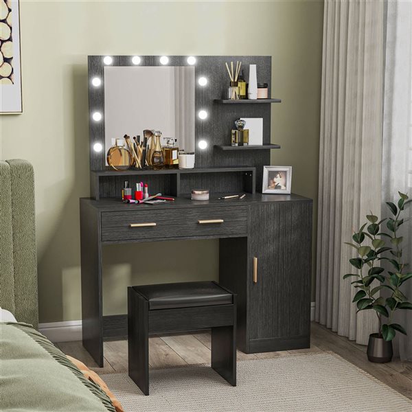 HOMCOM 40.9-in W Black Engineered Wood 2-Drawer 1-Door Lighted Dressing Table w/ Mirror and Stool