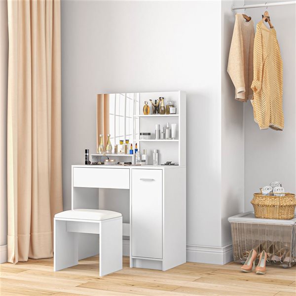 HOMCOM 31.5 W x 52-in H White Engineered Wood 1-Drawer 1-Door Dressing Table w/ Mirror and Stool