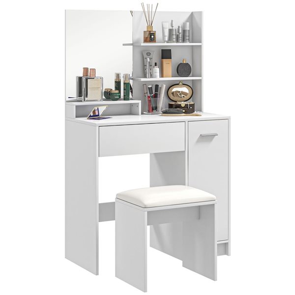 HOMCOM 31.5 W x 52-in H White Engineered Wood 1-Drawer 1-Door Dressing Table w/ Mirror and Stool