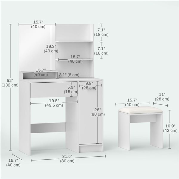 HOMCOM 31.5 W x 52-in H White Engineered Wood 1-Drawer 1-Door Dressing Table w/ Mirror and Stool