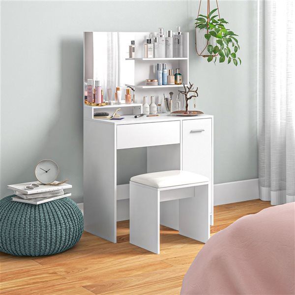 HOMCOM 31.5 W x 52-in H White Engineered Wood 1-Drawer 1-Door Dressing Table w/ Mirror and Stool