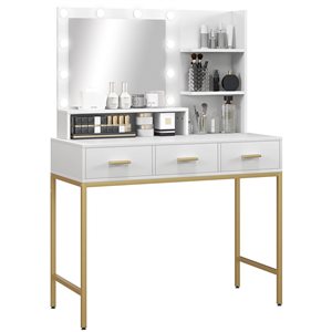 Coiffeuse à 3 tiroirs avec éclairage par HOMCOM 38,6 po h. bois d'ingénierie blanc et métal doré avec miroir