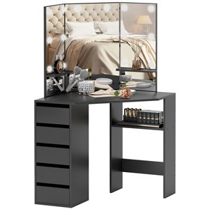 HOMCOM 43.3-in W Black Engineered Wood Lighted Dressing Table with 3 Mirrors and Storage