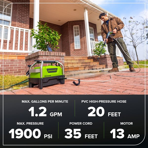 Greenworks Portable Pressure Washer 13 amp 1900 PSI 1.2 gal/min