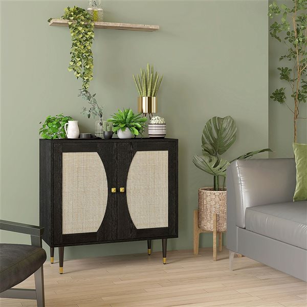 HOMCOM 31.5-in W Black Particleboard Freestanding Boho Sideboard w/ Rattan Doors and Shelf