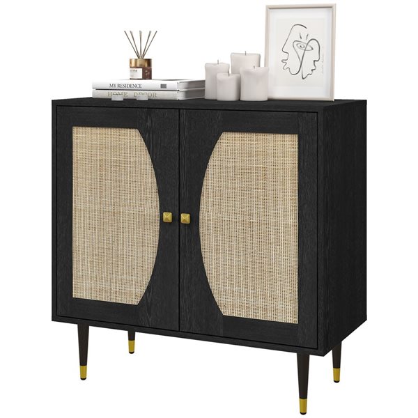 HOMCOM 31.5-in W Black Particleboard Freestanding Boho Sideboard w/ Rattan Doors and Shelf
