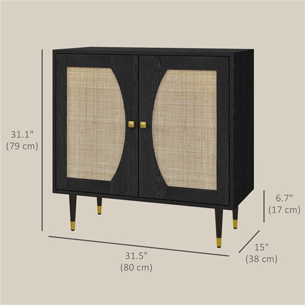 HOMCOM 31.5-in W Black Particleboard Freestanding Boho Sideboard w/ Rattan Doors and Shelf