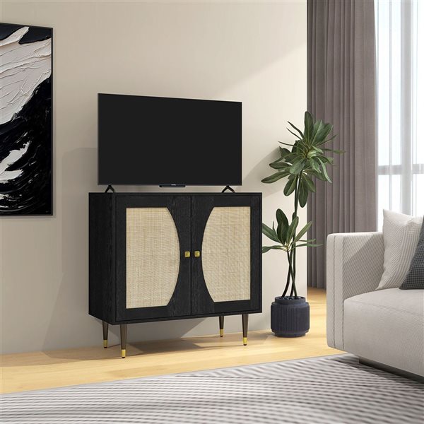 HOMCOM 31.5-in W Black Particleboard Freestanding Boho Sideboard w/ Rattan Doors and Shelf