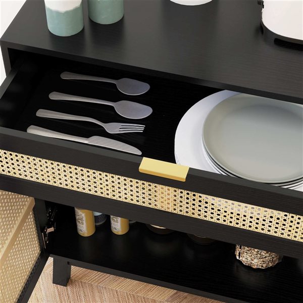 HOMCOM 31-in W Black Particleboard Freestanding Boho Sideboard w/ Rattan Doors