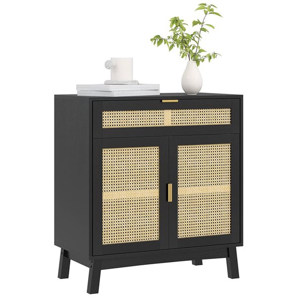 HOMCOM 31-in W Black Particleboard Freestanding Boho Sideboard w/ Rattan Doors