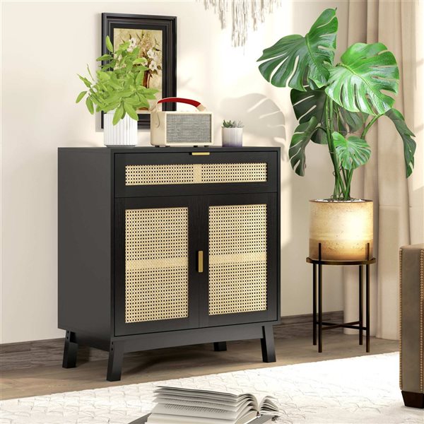 HOMCOM 31-in W Black Particleboard Freestanding Boho Sideboard w/ Rattan Doors