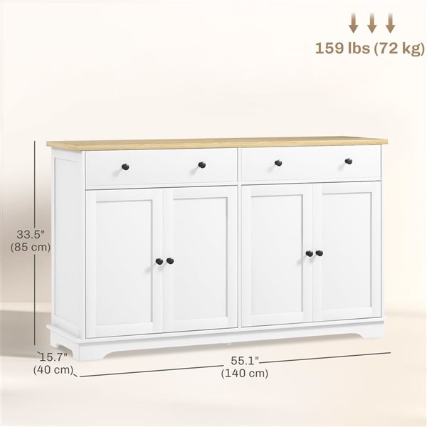 HOMCOM 55-in W White Particleboard Freestanding Sideboard w/ Storage Drawers and Adjustable Shelves