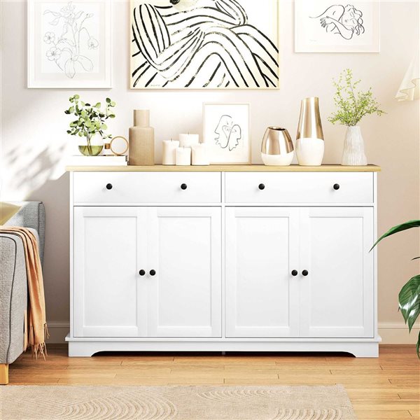 HOMCOM 55-in W White Particleboard Freestanding Sideboard w/ Storage Drawers and Adjustable Shelves