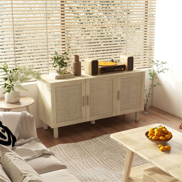 HOMCOM 53.5-in W Natural Particleboard Freestanding Boho Sideboard w/ Rattan Doors