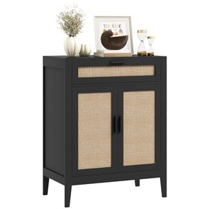 HOMCOM 28-in W Black Particleboard Freestanding Boho Floor Storage Cabinet w/ Rattan Doors and Drawer