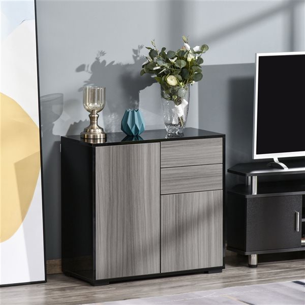 HOMCOM 31-in W Grey Particleboard Freestanding High Gloss Buffet Sideboard w/ Drawers