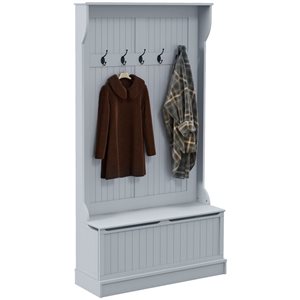 HOMCOM Grey MDF 3-in-1 Entryway Hall Tree w/ Storage Bench and 5 Metal Hooks