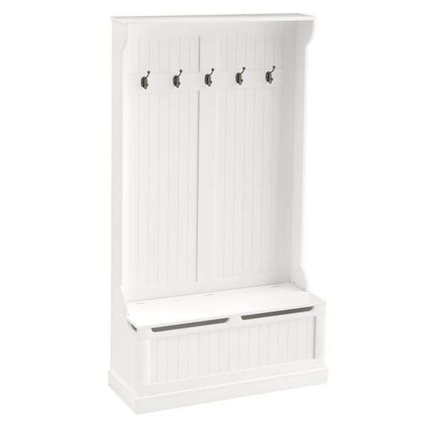 HOMCOM Cream White MDF 3-in-1 Entryway Hall Tree w/ Storage Bench and 5 Metal Hooks