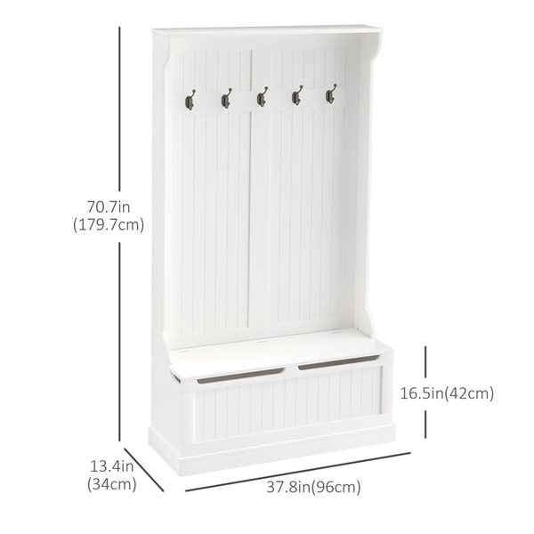 HOMCOM Cream White MDF 3-in-1 Entryway Hall Tree w/ Storage Bench and 5 Metal Hooks