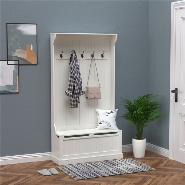 HOMCOM Cream White MDF 3-in-1 Entryway Hall Tree w/ Storage Bench and 5 Metal Hooks