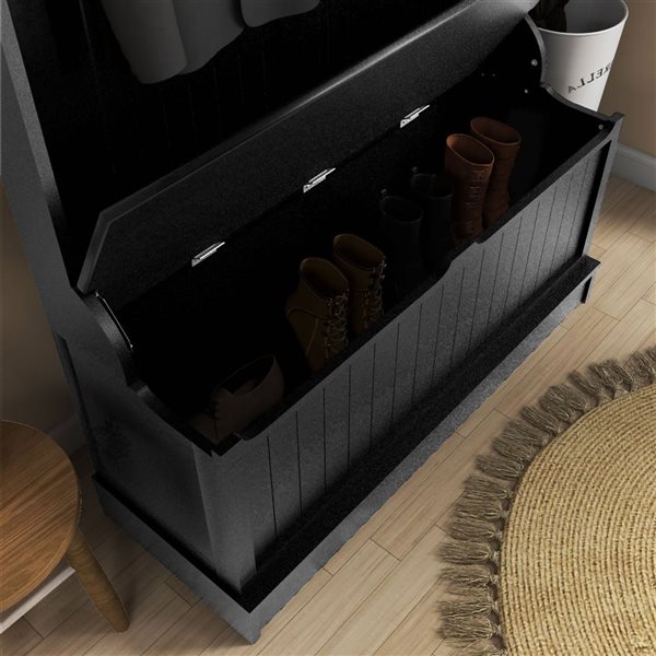 HOMCOM Black MDF 3-in-1 Entryway Hall Tree w/ Storage Bench and 5 Metal Hooks