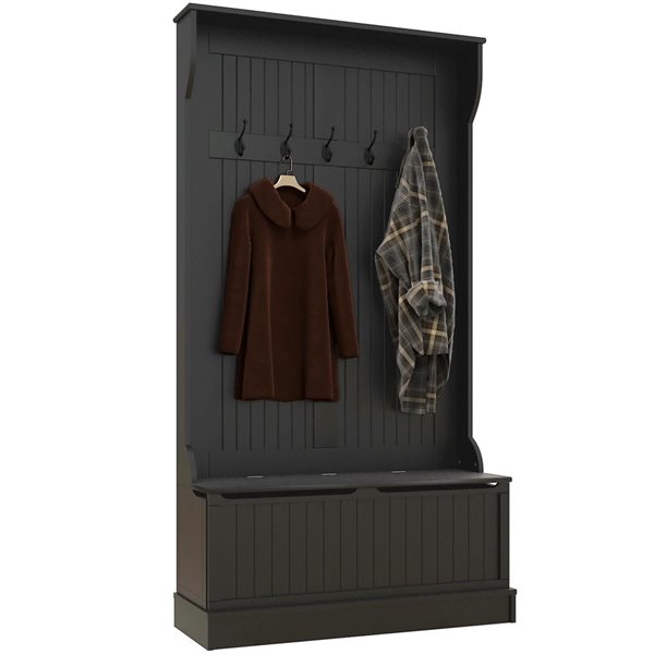 HOMCOM Black MDF 3-in-1 Entryway Hall Tree w/ Storage Bench and 5 Metal Hooks