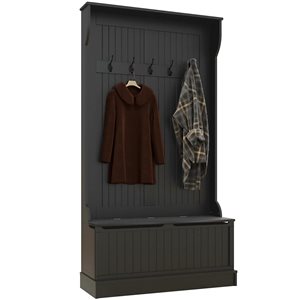 HOMCOM Black MDF 3-in-1 Entryway Hall Tree w/ Storage Bench and 5 Metal Hooks