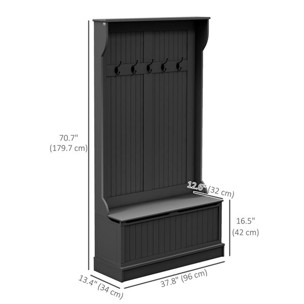 HOMCOM Black MDF 3-in-1 Entryway Hall Tree w/ Storage Bench and 5 Metal Hooks