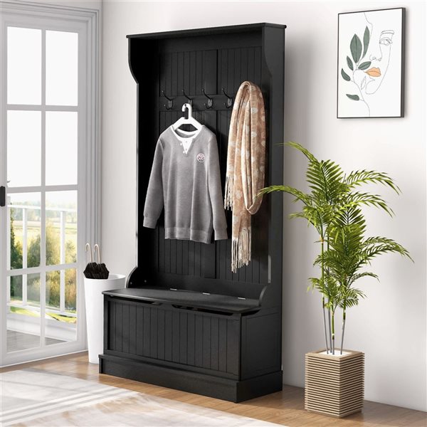 HOMCOM Black MDF 3-in-1 Entryway Hall Tree w/ Storage Bench and 5 Metal Hooks