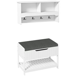 HOMCOM White MDF 2-Piece Wall-Mounted Coat Rack w/ Shoe Storage and Bench for Hallway