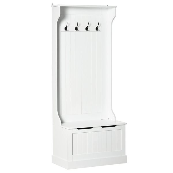 HOMCOM White MDF Entryway Hall Tree w/ Storage Bench and 4 Metal Hooks