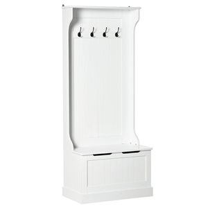 HOMCOM White MDF Entryway Hall Tree w/ Storage Bench and 4 Metal Hooks